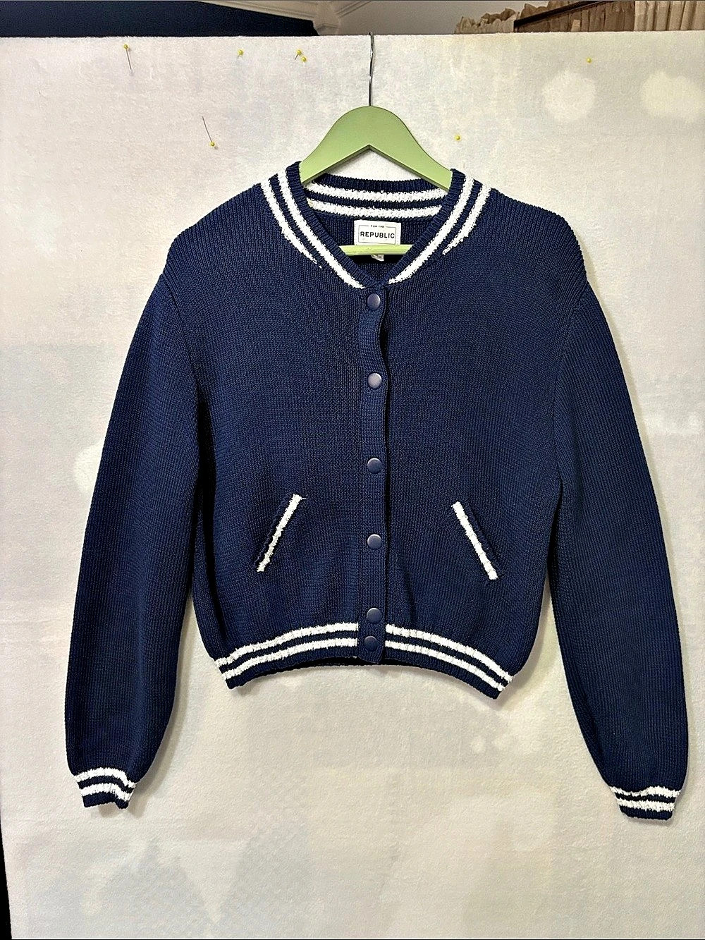 For The Republic  snap front Bomber Cardigan in Blue & White Size Large EUC